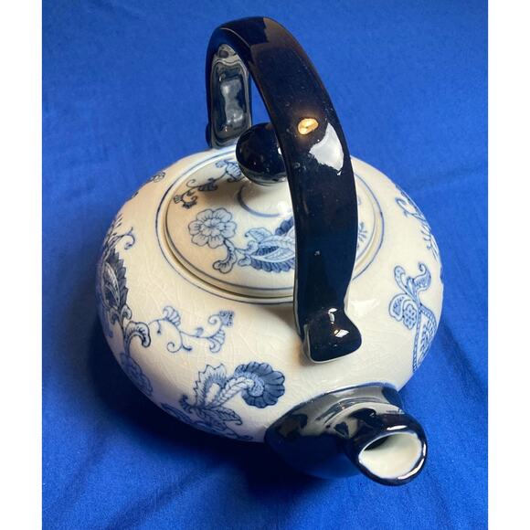 Pier 1 Blue White Floral Teapot with Black Handle Hand Painted Paisley w/ Lid - Picture 2 of 11